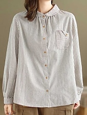 voordelige Overhemden-Dames Overhemd Katoenen linnen overhemden Knoop omhoog Blouse Gestreept Stijlvol Casual Lange mouw Overhemdkraag Normale tops Dagelijks Knop Afdrukken Zwart Wit Zomer Lente Herfst