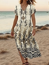 preiswerte Boho Kleider-Damen Maxikleid Lässiges Kleid Sommerkleid Shift Kleid Stilvolles Lässiges Drop Shoulder Urlaub Täglich Reguläre Passform Tierisch Kurzarm V-Ausschnitt Schwarz Frühling Herbst