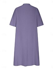 cheap Design Cotton &amp; Linen Dresses-Women&#039;s Midi Dress Cotton Linen Dresses Basic Casual Vacation Daily Regular Fit Plain 3/4 Length Sleeve Notched Neck Black Red Purple Light Blue Summer