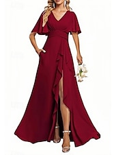 preiswerte Brautjungfernkleider-A-Linien Brautjungfernkleid V-Ausschnitt Kurzarm Elegant Bodenlänglich Chiffon mit Rüschen  Geteilter Front  Raffung