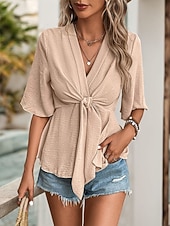 cheap Work Tops-Women&#039;s Shirt Blouse Solid Color Stylish Casual Half Sleeve V Neck Regular Tops Daily Tie Front Khaki Summer Spring