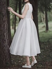 voordelige Kleine witte jurkjes-Kleine Witte Jurken Boho Bruiloft Jurken A-Lijn Scoop Hals Mouwloos Knielengte Jersey Bruidssuits Bruidsjurken Met Plooi Effen Kleur
