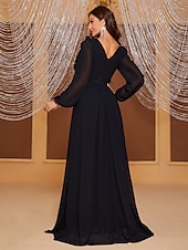 cheap GREEN-A-Line Evening Gown Elegant Dress Formal Wedding Floor Length Long Sleeve V Neck Chiffon with Ruffles Shouder Flower