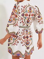 halpa Boho-mekot-Naisten Mini mekko Rento mekko A linjainen mekko Boho-mekko Tyylikäs Vapaa-aika Loma Juhla Päivittäin Loose Fit Kukka 3/4 hiha Paitapuserokaula-aukko Valkoinen Kesä Kevät Syksy