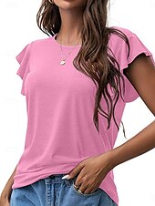 cheap Plain tee-Women&#039;s T Shirt Plain Fashion Modern Casual Short Sleeve Crew Neck Regular Tops Daily Weekend Ruffle Black Pink Gray Summer Spring
