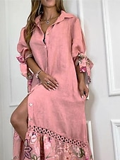 ieftine rochii imprimate din bumbac si in-Pentru femei Rochie Maxi Rochii de in bumbac Rochii Tip Cămașă Rochie casual Casual Vacanță Zilnic Fit regulat Floral Lungime Manșon 3/4 Guler Cămașă Alb Roz Îmbujorat Albastru celest Mov Vară