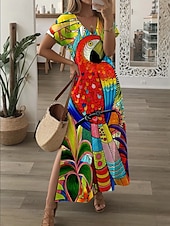 preiswerte Kunst &amp; Design Kleid-Damen Maxi Kleid Freizeitkleid T-Shirt Kleid Tee Kleid Strandkleid Hawaiian Drop Schulter Date Reguläre Passform Kurzarm Rundhalsausschnitt Gelb Lila Sommer
