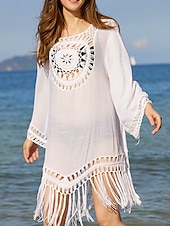 preiswerte Strandkleider-Damen Badeanzug Zudecken Schwimm-Kleid Bademode Fransensaum Ausgeschnitten Urlaub Strandbekleidung Glatt Langarm Badeanzüge