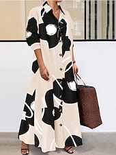 cheap Casual Floral Dresses-Women&#039;s Long Dress Maxi Dress Shirt Dress Casual Dress Summer Dress Stylish Casual Vacation Daily Date Regular Fit Floral Graphic Long Sleeve Lapel Black And White Black Blue Orange Summer Spring