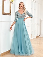 preiswerte BLAU-A-Linie Abschlussballkleider Glitzerndes Kleid Formelle Hochzeit Bodendeckend Langarm V-Ausschnitt Tüll mit Glitzer
