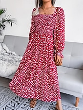 abordables Robe de la laitière-Femme Robe Maxi Robe Maxi Robe de laitière Robe smockée Soirée Hawaïen mode Vacances Travail du quotidien Standard Pois manche longue Col Carré Jaune Rose Claire Printemps Automne