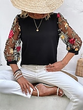 Damskie Koszula Bluzka Kwiaty Elegancki Codzienny Rękaw 3/4 Półgolf Zwykłe topy Codzienny Siateczka Haft Nadruk Czarny Granatowy Lato Wiosna tanie Eleganckie topy-Damskie Koszula Bluzka Kwiaty Elegancki Codzienny Rękaw 3/4 Półgolf Zwykłe topy Codzienny Siateczka Haft Nadruk Czarny Granatowy Lato Wiosna