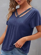 abordables T-shirt uni-Femme T shirt Plein Mode Moderne Décontractées Manche Courte Col V Hauts réguliers du quotidien Fin de semaine Noir Vert Véronèse bleu marine Violet Eté Printemps