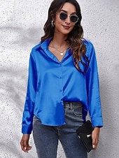 economico Top eleganti-Per donna Camicia Elegant Elegante Raso/Satin Tinta unica Affari Moderno Casual Manica Lunga Colletto a Camicia Top Regolari Lavoro Abbigliamento Formale Bottoni Giallo Rosa Vino Blu Verde Estate