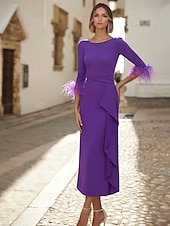 levne Koktejlové šaty-Šaty typu sheath  sloupec koktejlové elegantní šaty formální svatební kotníková délka 3/4 délka rukávu šperkový výstřih elastický krepa s peřím volány šaty