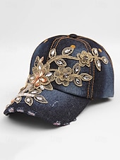 abordables Chapeaux pour femmes-casquette de baseball en denim à imprimé floral pour femme avec détails en strass et perles – chapeau décontracté tendance pour l&#039;extérieur, le quotidien et l&#039;été