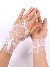 abordables Guantes de mujer-Guantes de novia elegantes de encaje blanco: guantes de novia sin dedos con lazo y detalles florales, perfectos para bodas y ocasiones especiales.