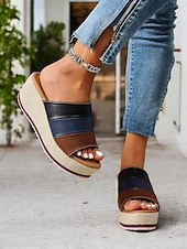 abordables Sandalias Informales-Sandalias de cuña con plataforma multicolor para mujer con punta abierta: zapatos de verano cómodos para salidas informales y vacaciones en la playa