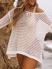 cheap Beach Dresses-Women&#039;s Swimwear Cover Up Beach Dresses Swimsuit Lace Cut Out Vacation Beach Wear Plain Long Sleeve