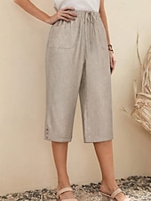 baratos Shorts de linho de algodão-Mulheres Shorts de algodão e linho Calção Leve Casual Comprimento do joelho Cintura Média Tecido Bolsos Com Cordão Respirabilidade Confortável Sem Elasticidade Casual / Diário Final de semana Azul de