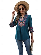 billige Boho topper-Dame Boho skjorte Elegant Bohem Daglig Helfarge Blomstret Vanlige topper 3/4 ermer 3/4-ermer V-hals Broderi Løstsittende Arbeid Daglig Ut på byen Svart Grønn Sommer