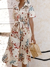 voordelige Casual bloemenjurken-Dames Halflange jurk Casual jurk Elegant Stijlvol Casual Vakantie Dagelijks Normale pasvorm Bloemig Korte mouw Overhemdkraag Abrikoos Licht Blauw Zomer Lente