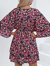 voordelige Casual bloemenjurken-Dames Mini-jurk Casual jurk A lijn jurk Stijlvol Casual Vakantie Dagelijks Normale pasvorm Bloemig 3/4 mouw V-hals Zwart Rood Zomer Lente