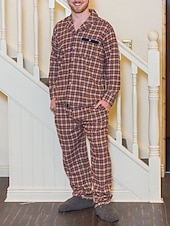 economico Pigiami-Per uomo loungewear Pigiami Set pigiama Top e pantalone del pigiama 2 pezzi A quadri Banda Moda Informale Comoda Interni Giornaliero Cotone Comfort Bavero Manica lunga Camicia Pantalone A cordoncino