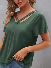 abordables T-shirt uni-Femme T shirt Plein basique Décontractées Manche Courte Col V Hauts réguliers du quotidien Fin de semaine Bleu Vert Eté