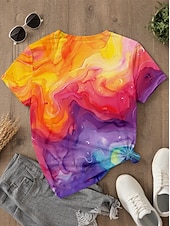 billige Tie Dye og Gradient t-skjorte-Dame T skjorte Regnbue Fritid Kortermet Rund hals Vanlige topper Daglig Trykt mønster Regnbue Sommer Vår