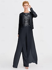 abordables Combinaisons pour maman-Ensemble jumpsuit  pantalon en deux pièces de mariage à la plage mère de la mariée invitée de mariage formelle élégante wrap inclus col bateau longueur sol chiffon manches 3/4 avec appliques 2025