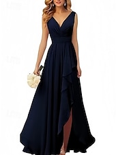 abordables Robes de demoiselle d&#039;honneur-Robe en A Robe de demoiselle d&#039;honneur Col en V Sans manches Élégante Longueur de sol Chiffon avec volants  fente avant  fronces