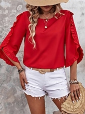 ieftine Bluze simple-Pentru femei Bluză Culoare solidă Elegant Zilnic Stilat Lungime Manșon 3/4 Stil Nautic Topuri obișnuite Zilnic Muncă Concediu Negru Roșu-aprins Trifoi Kaki Vară Primăvară Toamnă