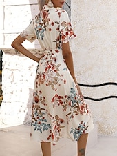 voordelige Casual bloemenjurken-Dames Halflange jurk Casual jurk Elegant Stijlvol Casual Vakantie Dagelijks Normale pasvorm Bloemig Korte mouw Overhemdkraag Abrikoos Licht Blauw Zomer Lente