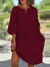 economico disegnare abiti in cotone e lino-Per donna Mini Abito Abiti in cotone e lino Vestito Casual Essenziale Casual Vacanza Quotidiano Vestibilità regolare Semplice Manica 3/4 Girocollo Giallo Vino Grigio Azzurro Estate