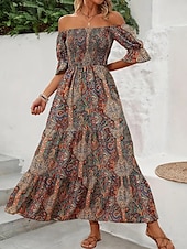 levne Boho šaty-Dámské Dlouhé šaty Maxi šaty Áčkové šaty Letní šaty Boho šaty Elegantní Čechy stylové Dovolená Denní Rande Běžný Grafika Krátký rukáv Pod rameny Oranžová Trávová zelená Tmavomodrá Léto