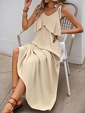 cheap Vacation Dresses-Women&#039;s Maxi Dress Casual Dress Slip Dress Stylish Basic Casual Vacation Daily Regular Fit Plain Sleeveless V Neck Apricot Summer Spring