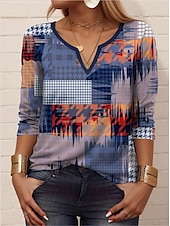billiga Konst &amp; Design t-shirt-Dam T-shirt Geometrisk Ledigt Långärmad Naggad hals Vanliga toppar Dagligen Mönster Blå Sommar Vår Höst