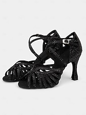 abordables Chaussures de danses latines-sandales de danse latine ornées de strass avec bout ouvert et design à lanières pour femmes - parfaites pour la salsa et les spectacles