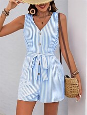 abordables combinaisons décontractées-Femme Normal Combishort Actif Rayé Sans Manches Col V Boutons Poche Vacances du quotidien Ample Kaki Bleu clair Eté