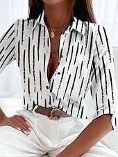 economico Top a Righe e Geometrici per Donne-Camicia da donna Basic a righe con bottoni stampa maniche lunghe maglie regolari colletto casual nera bianca primavera autunno
