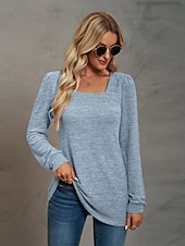 abordables Tops Sencillos para Mujeres-Mujer Sayo Remera de algodón Plano Bohemia Elegante Básico Manga Larga Manga Farol Escote Cuadrado Tops regulares Diario Deportes Noche Negro Rosa Morado Verde Trébol Caqui Primavera Otoño