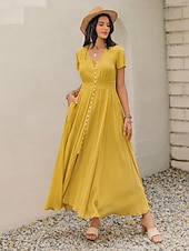 abordables Robes décontractées-Femme robe longue Robe casual Elégant Décontractées Standard Plein Manche Courte Col V Jaune Eté Automne