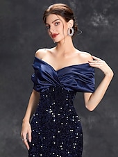 preiswerte BLAU-Meerjungfrau/Trompete Abendkleid Partykleid formeller Abend Party bodenlang ärmellos ein Schulter Satin mit Glitzerschleife(n) 2025
