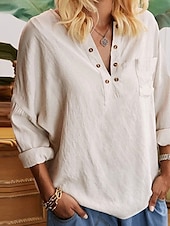 voordelige Overhemden-Dames Overhemd Blouse Katoenen linnen overhemden Effen Kleur Elegant Stijlvol Casual Lange mouw V-hals Normale tops Dagelijks Feestdagen Uitgaan Knop Beige Zomer Lente Herfst