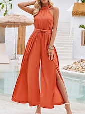 cheap Vacation Jumpsuit-Women&#039;s Normal Jumpsuit Active Solid Color Sleeveless Halter Neck High Waist Tie Belt Vacation Daily Regular Fit Red Green Summer