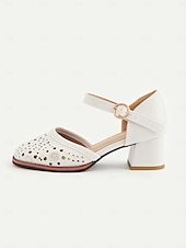 preiswerte Block Heels-Weiße Mary-Jane-Schuhe mit niedrigem Absatz für Damen – lasergeschnittenes Blumendesign, Vintage-Stil für legere und formelle Anlässe