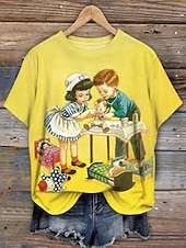 abordables T-shirt Art &amp; Design-Femme T shirt Rétro Vintage Décontractées Manche Courte Col Rond Hauts réguliers du quotidien Imprimer Jaune Eté