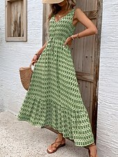 billiga Semesterklänningar-Dam Maxiklänning Vardagsklänning Swingklänning A linjeklänning Linneklänning Stylish Ledigt Semester Dagligen Normal Geometrisk Ärmlös V-hals Grön Aprikos Sommar