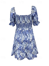 ieftine Tipăriți rochii florale-Pentru femei Rochie Mini Rochie casual Rochie de vară Rochie Boho Elegant Stilat Manșon de lanternă Vacanță Zilnic Dată Fit regulat Grafic Manșon scurt De Pe Umăr Albastru regal Vară